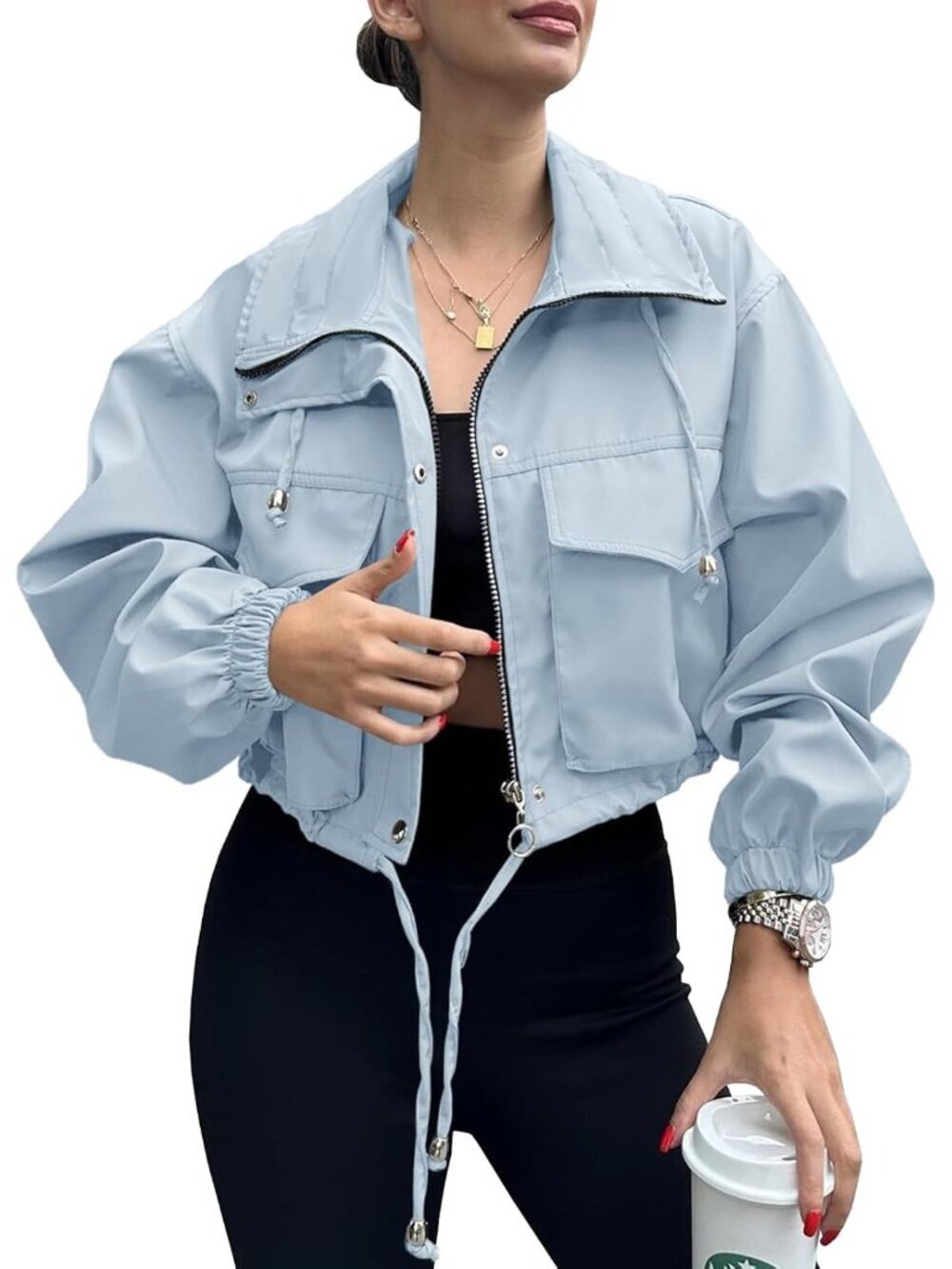 Women's Blue Cropped Jacket Zip Up Lightweight Trendy Oversized With Pocket